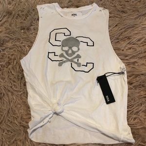 Soulcycle: distressed white skull tank. NWT